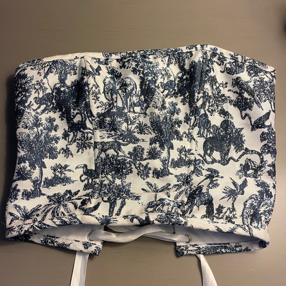 American Threads Blue and White Lace-Up Blouse